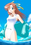  artist_request beach cloud copyright_request day jacket one-piece_swimsuit open_clothes open_shirt outdoors red_hair shirt sky solo swimsuit white_swimsuit 