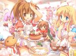  3girls ahoge apron bee blonde_hair blue_eyes blush brown_eyes brown_hair bug cake cooking emil_chronicle_online food hanehane_kiro honey insect long_hair measuring_cup multiple_girls open_mouth pastry purple_hair source_request whisk 