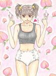  artist_request brown_eyes brown_hair collarbone copyright_request diaper food fruit fruit_background hair_bobbles hair_ornament holding holding_food holding_fruit lowres midriff navel peach short_hair short_twintails smile solo traditional_media twintails 