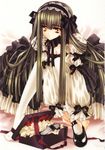  bow box breasts brown_eyes brown_hair carnelian cleavage copyright_request gift gothic gothic_lolita highres lolita_fashion mary_janes medium_breasts pantyhose ribbon shoes single_shoe solo white_legwear 
