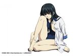  2003 bare_legs barefoot black_hair black_school_swimsuit blue_swimsuit breasts brown_eyes collared_shirt dress_shirt duplicate feet hand_on_ankle head_rest holding_clothes horibe_hiderou interlude knee_up long_hair long_legs looking_at_viewer lowres medium_breasts one-piece_swimsuit school_swimsuit school_uniform shirt shirt_on_shoulders simple_background sitting smile solo swimsuit watsuji_aya white_background white_shirt 