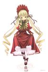  blonde_hair blue_eyes bonnet bow bowtie dress drill_hair flower full_body hat hat_ribbon long_hair long_sleeves mary_janes reflection ribbon rose rozen_maiden sabamu shinku shoes simple_background skirt_hold solo twin_drills twintails very_long_hair water white_background white_legwear 