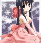  bangs between_legs black_hair blush breasts choker cleavage cross dress elbow_gloves eretto gloves green_eyes hair_ribbon hand_between_legs kanon kawasumi_mai latin_cross long_hair looking_at_viewer medium_breasts pink_dress pink_gloves red_ribbon ribbon sidelocks snowflakes solo strapless strapless_dress 