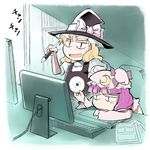  blonde_hair chibi computer drawing_tablet hat kirisame_marisa long_sleeves lowres multiple_girls patchouli_knowledge takahata_yuki touhou wacom witch_hat 