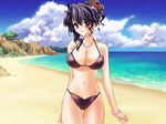  beach bikini black_hair blush bracelet breasts carnelian cleavage day ena_(quilt) game_cg hair_ornament hair_up hairpin jewelry large_breasts necklace outdoors purple_eyes quilt_(game) smile solo standing swimsuit thigh_gap water 