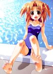  :d arm_support barefoot blush body_blush collarbone feet hair_intakes imu_sanjo long_hair motion_blur one-piece_swimsuit open_mouth orange_eyes orange_hair pool puddle school_swimsuit sitting smile solo swimsuit tsukihime two_side_up water yumizuka_satsuki 