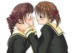  bad_proportions blush brown_hair drill_hair eye_contact face-to-face flo fukuzawa_yumi hands_on_another's_face imminent_kiss long_sleeves looking_at_another maria-sama_ga_miteru matsudaira_touko multiple_girls naughty_face profile school_uniform serafuku simple_background surprised twintails white_background yuri 