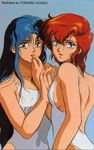  80s back blue_eyes blue_hair breasts competition_swimsuit covered_nipples finger_to_mouth holding_hands juushin_liger kamishiro_mai_(juushin_liger) kamishiro_yui large_breasts long_hair multiple_girls navel oldschool one-piece_swimsuit red_hair school_swimsuit short_hair sideboob swimsuit uchida_yorihisa white_swimsuit 