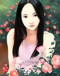  ariko bare_shoulders black_eyes black_hair flower flower_request lips long_hair looking_at_viewer original realistic solo 