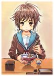  bad_id bad_pixiv_id bangs blue_sailor_collar bowl brown_hair cardigan chopsticks eating food holding holding_chopsticks kishizuka_kenji kita_high_school_uniform left-handed long_sleeves nagato_yuki rice sailor_collar school_uniform serafuku short_hair sitting solo suzumiya_haruhi_no_yuuutsu 