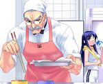  1girl apron beard cooking drinking facial_hair glasses green_hair head_scarf holding kurusugawa_ayaka long_sleeves lunchbox milk nagase_genshirou obentou oekaki old_man package to_heart tray zen 