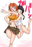  artist_request barefoot black_hair grabbing jumping leg_lift minagi_mikoto miniskirt multiple_girls my-hime open_clothes open_skirt orange_hair orange_shirt panties pink_panties pleated_skirt purple_eyes shirt skirt tank_top thigh_gap tokiha_mai underwear vest white_panties 