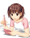  aihara_nana bed big_wednesday brown_eyes brown_hair kimi_kiss lying raglan_sleeves short_hair solo stylus twintails 