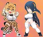  2girls animal_ears black_hair blonde_hair bow bowtie breasts brown_eyes chibi emperor_penguin_(kemono_friends) hair_over_one_eye hood hoodie jaguar_(kemono_friends) jaguar_ears jaguar_print jaguar_tail japari_symbol kemono_friends large_breasts leotard multiple_girls skirt space_jin tail thighhighs white_legwear yellow_eyes 