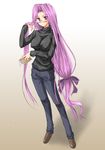  book breasts covered_nipples denim fate/stay_night fate_(series) glasses jeans large_breasts long_hair long_sleeves low-tied_long_hair miyai_sen pants rider solo very_long_hair 