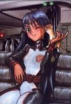  :3 ^_^ akai_takami animal bangs belt black_eyes blue_hair blush bodysuit bridal_gauntlets cat circlet closed_eyes cockpit couch diaho gem highres indoors jewelry lafiel light long_hair long_sleeves military military_uniform official_art one_eye_closed petting pointy_ears seikai_no_senki sitting smile solo traditional_media turtleneck uniform very_long_hair white_bodysuit 