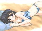  amazuyu_tatsuki beach bikini black_hair blue_eyes copyright_request day lying nakamura_takeshi on_side short_hair solo striped striped_bikini swimsuit tankini 