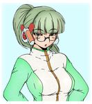  :o artist_request bangs blue_background blunt_bangs blush breasts ear_covers glasses green-framed_eyewear green_eyes green_hair half-closed_eyes hands_on_hips high_ponytail homeko large_breasts long_hair long_sleeves looking_at_viewer mole mole_under_eye open_mouth os-tan ponytail simple_background solo track_suit turtleneck upper_body xp_home-tan 