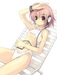  bangle blush bracelet casual_one-piece_swimsuit cd_player chair copyright_request duplicate flat_chest headphones jewelry lounge_chair ninozen one-piece_swimsuit pink_hair purple_eyes reclining shading_eyes short_hair simple_background solo sunbathing swimsuit 