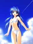  aircraft airplane beach blue_eyes blue_hair cloud condensation_trail cowboy_shot day highres kanon long_hair minase_nayuki norizou_type-r open_mouth outdoors panties sky solo underwear white_panties 