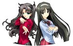  black_hair bow crossed_arms crossover fate/stay_night fate_(series) green_eyes hair_bow hairband hand_on_own_chest long_hair long_sleeves multiple_girls naruse_hirofumi toono_akiha toosaka_rin tsukihime turtleneck very_long_hair white_hairband 