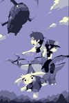  aircraft amaya_daisuke baseball_cap blue closed_eyes doukutsu_monogatari dragon facial_mark flying hat headgear helicopter looking_back lowres mimiga monochrome motion_blur mouth_hold multiple_boys multiple_riders official_art open_mouth pixel_art propeller quote riding sakamoto_kazuma sakamoto_sue scar 