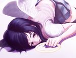  black_hair expressionless halo holding iwai_ryou looking_away lying on_stomach original parted_lips pleated_skirt red_eyes short_sleeves skirt solo thighhighs torn_clothes vest white_wings wings zettai_ryouiki 