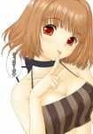  :p bare_shoulders breasts brown_hair crop_top figo finger_to_mouth head_tilt large_breasts original red_eyes short_hair simple_background solo tongue tongue_out translated upper_body white_background 