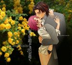  1girl bazett_fraga_mcremitz black_panties brown_eyes brown_hair bush closed_eyes couple eyelashes fate/stay_night fate_(series) flower formal hetero hug kiss kotomine_kirei long_sleeves looking_at_viewer navel open_clothes panties pink_hair plant shirt short_hair standing suit underwear utsugi_sakuko white_shirt 