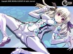  blush bodysuit breasts covered_nipples dyogrammaton hair_ribbon illuda_vaganova_ivanov long_hair lying medium_breasts on_back open_mouth purple_eyes ribbon shinozuka_atsuto skin_tight solo split spread_legs trefoil twintails wallpaper white_bodysuit white_hair 