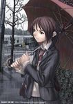  bag brown_eyes brown_hair building bush fence holding holding_umbrella jacket jumpei long_sleeves necktie original pleated_skirt railing rain road road_sign school_uniform shoulder_bag sidewalk sign skirt solo street sweater_vest tree umbrella 