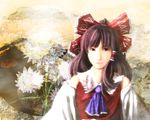  aojiru_(shiro_to_kuro_no_mukyou) ascot bow brown_eyes brown_hair floral_background flower frilled_bow frills hair_bow hair_tubes hakurei_reimu lips long_hair long_sleeves looking_at_viewer realistic red_bow solo touhou white_collar 