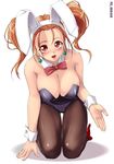  animal_ears breasts bunny_ears bunnysuit cleavage covered_nipples dragon_quest dragon_quest_viii huge_breasts jessica_albert kneeling pantyhose red_eyes red_hair shinozuka_jouji solo thighs 
