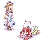  :3 alicia_florence aria aria_pokoteng artist_request blonde_hair braid dress frown hat lowres lying mizunashi_akari multiple_girls nightgown pink_hair red_hair single_braid uniform 