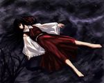  aojiru_(shiro_to_kuro_no_mukyou) ascot barefoot black_hair bow detached_sleeves hair_bow hakurei_reimu long_hair long_sleeves lying non-web_source on_back rain solo touhou wet wet_clothes 