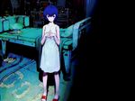  ayanami_rei bed blue_hair book cable dress neon_genesis_evangelion pillow sadamoto_yoshiyuki sandals short_hair solo wallpaper 