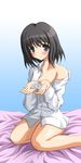  artist_request black_hair bottomless condom dress_shirt grey_eyes kimi_kiss kneeling long_sleeves no_pants shijou_mitsuki shirt short_hair solo 