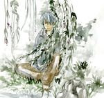  artist_request barefoot ginko hair_over_one_eye looking_at_viewer male_focus mushishi nature silver_eyes silver_hair solo 