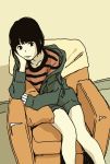  1girl black_hair closed_mouth commentary_request drawstring highres hosoo indoors jacket looking_to_the_side monochrome on_chair open_clothes open_jacket original shirt sitting sleeves_past_wrists solo striped striped_shirt 