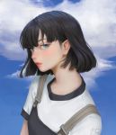  1girl arm_at_side artist_name black_hair blue_eyes blue_sky cloud cloudy_sky commentary day english_commentary geo_siador lips looking_at_viewer nose original parted_lips pink_lips shirt short_hair signature sky upper_body white_shirt 