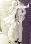  1girl against_wall arm_support brick_wall copyright_request couple dress hetero high_heels itou_keiichi legs long_sleeves outdoors shoes smirk 