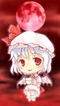  bat_wings blue_hair brooch chibi cup dress full_moon hat hat_ribbon jewelry kito_(sorahate) moon red_eyes red_moon remilia_scarlet ribbon short_hair solo teacup touhou white_hat wings 