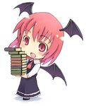  :o bat_wings blush book book_stack carrying chibi head_wings holding holding_book kito_(sorahate) koakuma long_sleeves red_eyes red_hair solo touhou wings 