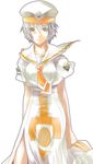  aria artist_request athena_glory clenched_hand grey_hair hat orange_planet_uniform short_hair side_slit simple_background smile solo standing uniform very_short_hair 