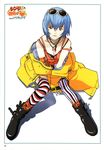  absurdres ayanami_rei blue_hair boots highres honda_takeshi jacket jewelry lipstick makeup mismatched_legwear multicolored multicolored_clothes multicolored_legwear necklace neon_genesis_evangelion off_shoulder red_eyes solo strap_slip striped striped_legwear sunglasses thighhighs vertical-striped_legwear vertical_stripes 