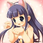  :d akiba_hideki animal_ears bangs bare_arms bare_shoulders blue_eyes blunt_bangs blush cat_ears eyebrows_visible_through_hair fake_animal_ears fang hazuki_(tsukuyomi) long_hair open_mouth paw_pose pom_pom_(clothes) purple_hair sleeveless smile solo tareme tsukuyomi_moonphase upper_body 