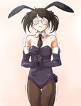  @_@ animal_ears bare_shoulders bunny_ears bunnysuit coke-bottle_glasses copyright_request elbow_gloves glasses gloves minato_fumi pantyhose solo twintails 