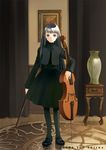  artist_name black_hair cello curtains instrument interior long_hair long_sleeves original painting_(object) pantyhose shiina_yuu solo standing table vase 