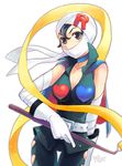  anpanman bandages belt black_hair breasts cape cleavage collar gloves green_eyes heart large_breasts mask ribbon rollpanna scarf solo task_owner white_gloves yellow_scarf 