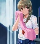  blue_skirt bra bra_through_clothes braid hair_over_shoulder holding holding_towel kibina_high_school_uniform kimi_kiss lace lace-trimmed_bra mizusawa_mao pink_bra pink_towel pleated_skirt red_neckwear school_uniform shirt skirt solo towel twin_braids twintails underwear urase_shioji wet wet_clothes white_shirt 